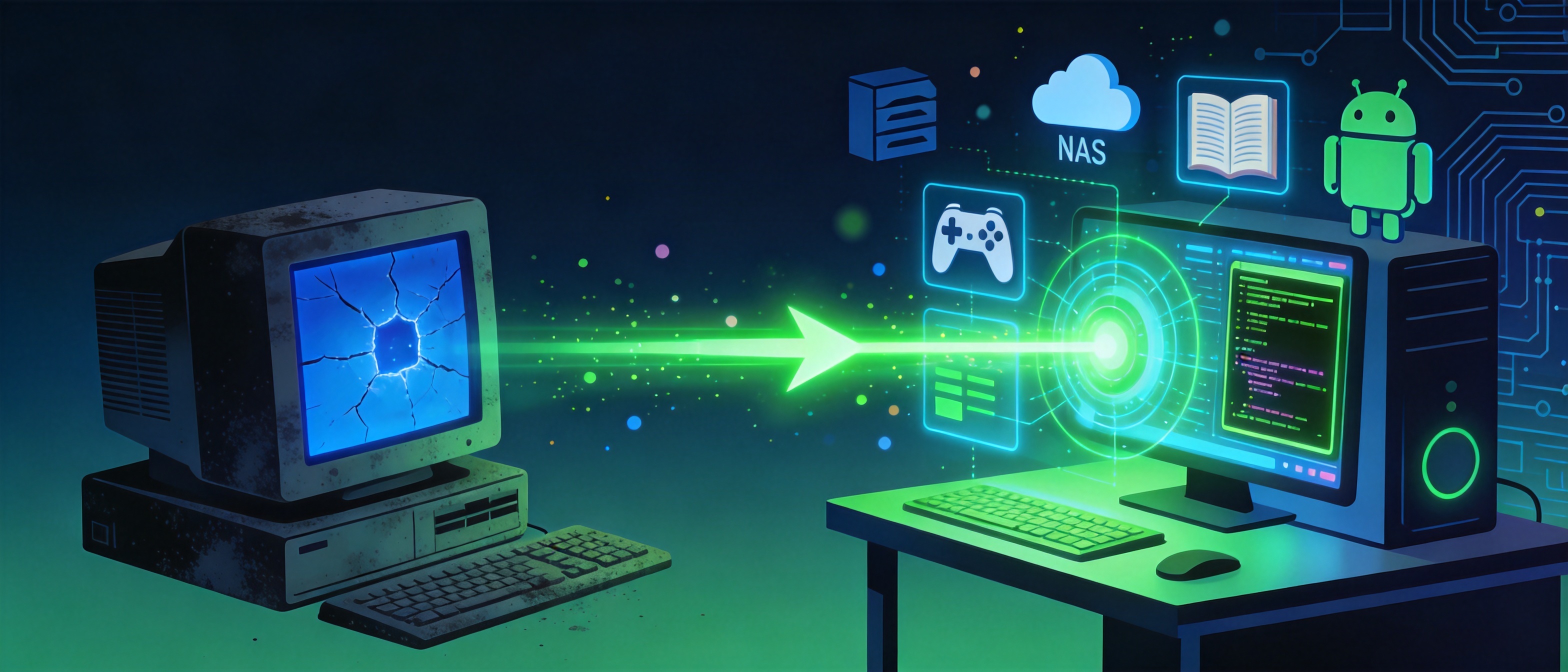 旧电脑焕新对比图 - 从卡顿蓝屏到多功能终端